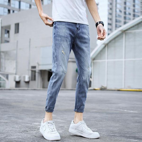 

wholesale denim jeans men's summer brand stretch slim korean trend youth broken ripped holes casual light-colored fee jeans men1, Blue