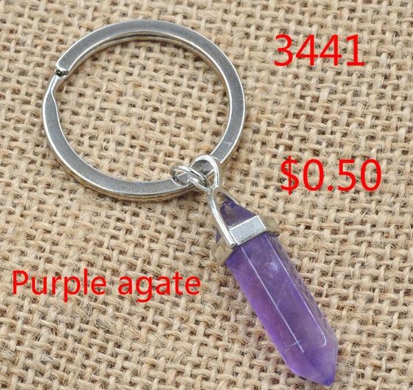 

key 5 colors hexagon prism natural stone pendant rings point chakra healing bullet shape crystal keychain jewelry for wo, Slivery;golden