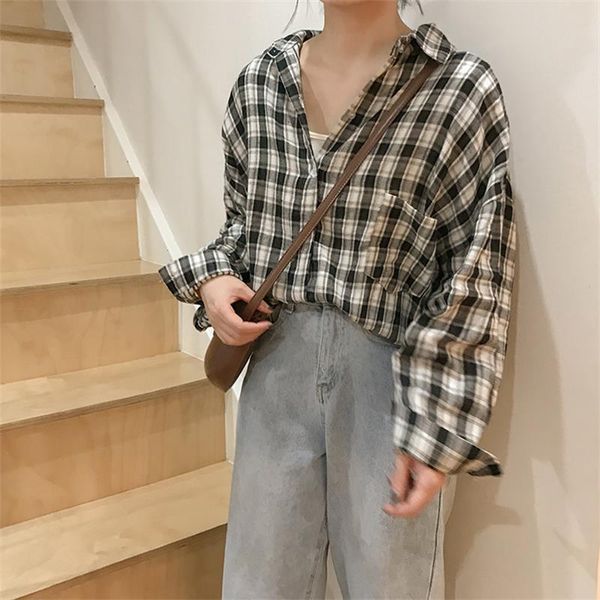 

women's blouses & shirts clothes japan kawaii ladies retro casual loose plaid shirt female punk harajuku cute tunic for women, White