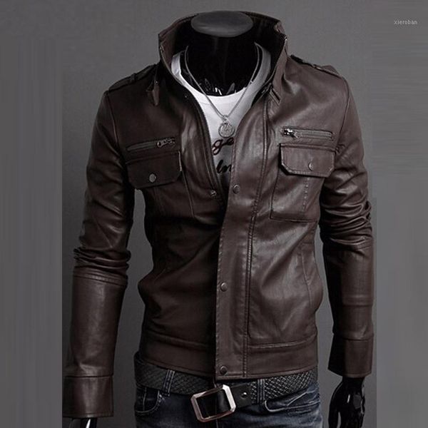 

2021 classic style motorcycling pu leather fashion jacket men slim fit male motor faux leather jacket men parka asia size1, Black