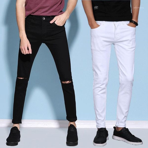 

boutique autumn thin black jeans knee word hole han edition cultivate morality pants men beggars foot trousers1, Blue