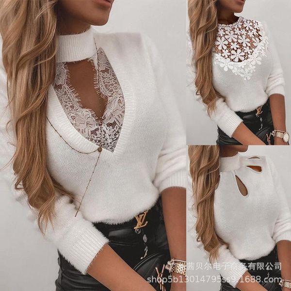 

wepbel women autumn winter lace hollow out knitted pullover sweater casual ladies elegant long sleeve o neck shirt, White;black