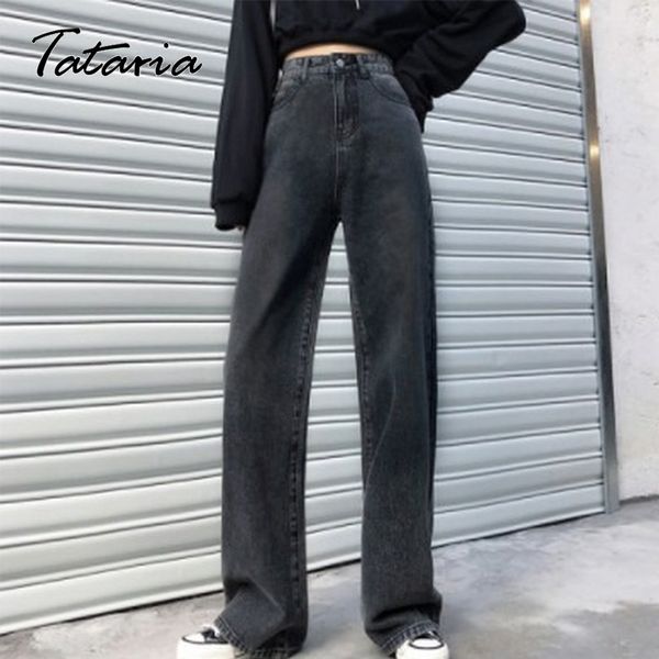 1Donna Primavera Jeans Pantalone Vintage Nero A vita alta Per il tempo libero Gamba larga allentata Streetwear Boyfriend Baggy 210514