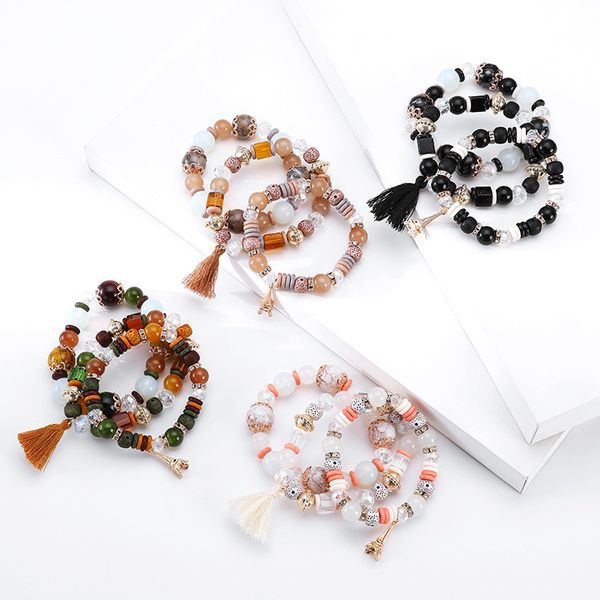 

3pcs/set fashion multilayer crystal bangle beads tassel bracelet strand stretch bohemia bracelets for women girls charm jewelry kimter-k72fa