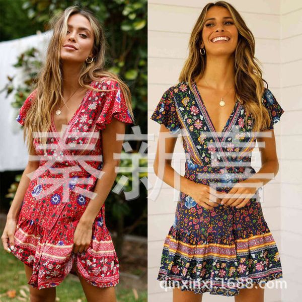 

2019 women's style new early fashion spring versatile slim fit short sleeve v-neck tie print dress, Black;gray