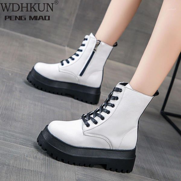 

boots 2021 white color soft pu leather ankle women platform motorcycle booties female autumn winter shoes woman goth short boots1, Black