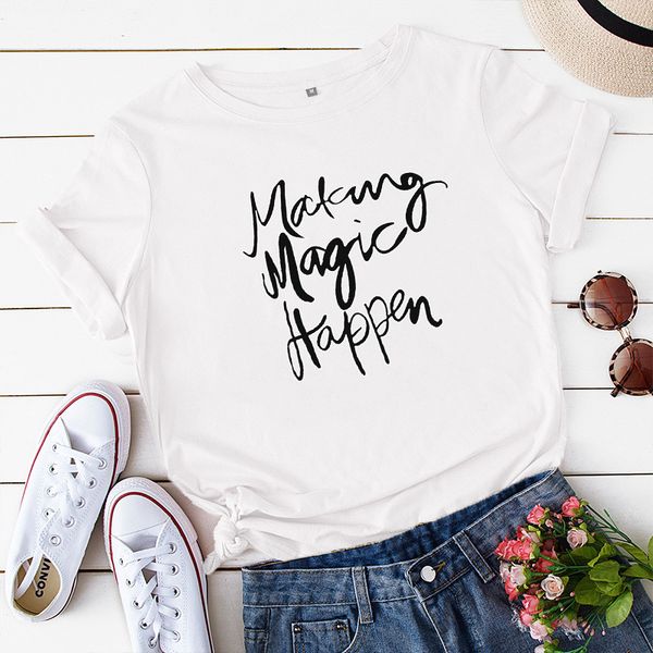 

magic happen t-shirt women's round neck cotton short sleeve, White