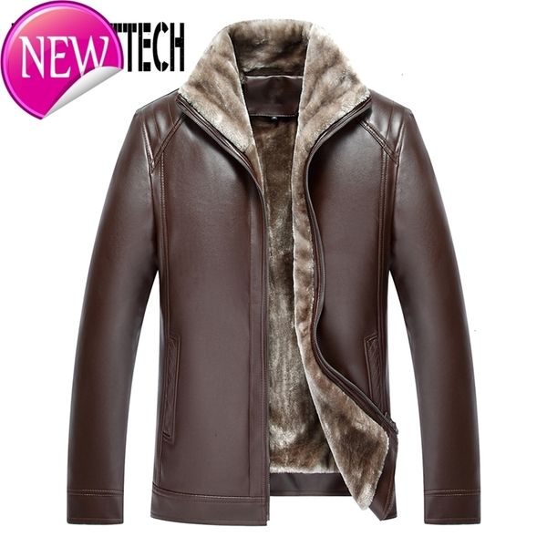 

2020 new fashion men's pu leather jacket mens brand clothing thermal outerwear winter fur male fleece leather down jackets coats, Black