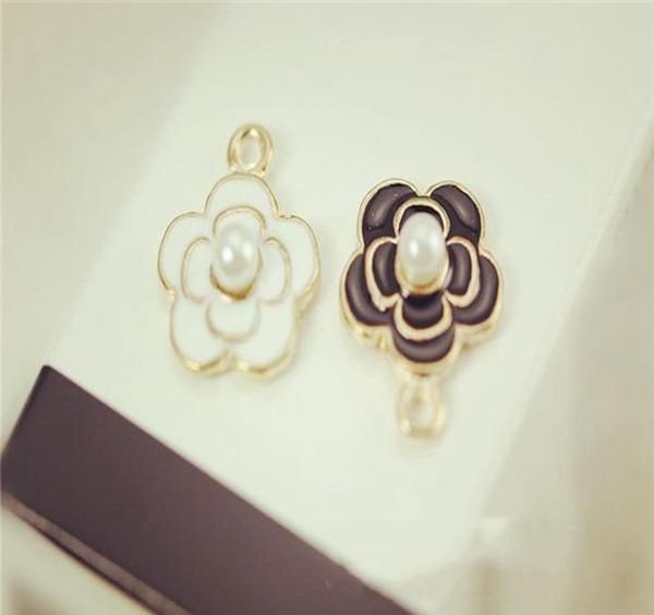 

black enamel camellia pendant charms prong white pearl fit for diy hair accessories bracelet necklace jewelry wmtaix dayupshop, Bronze;silver