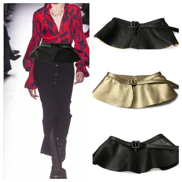

wide gold belt women corset metal decorated belts pu leather ruffle skirt peplum waistband cummerbunds female dress strap girdle y200513, Black;brown