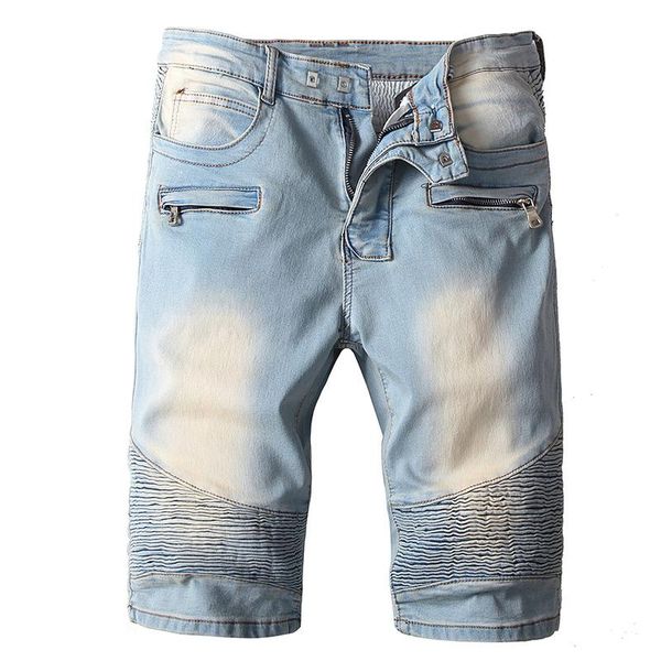 

new men jeans shorts pleated zipper multi-pocket jeans summer casual denim shorts biker streetwear men 2020, Blue