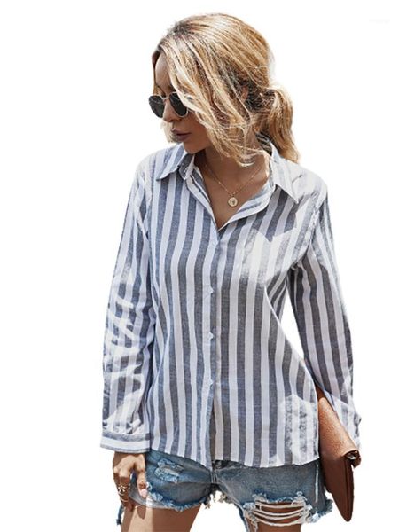 

womens casual v neck striped long sleeve button down collar blouses office lady shirts1, White