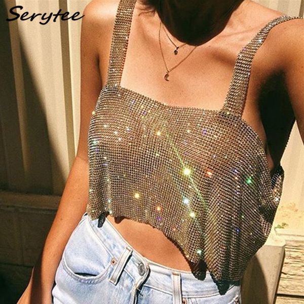 

serytee tanks fashion crystal rhinestones shiny night club party camis crop women 2022 sleeveless strap sequins gold sparkle vest women&#03, White
