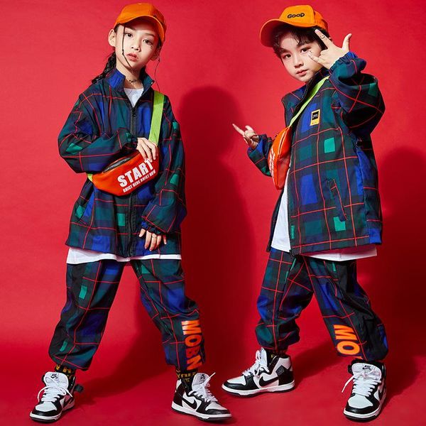 

children cool hip hop clothing shirt zip up jacket jogger streetwear checkered pants for girl boy jazz dance costume clothes, Black;red