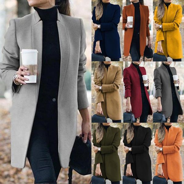 

women autumn winter stand neck long sleeve coat women pockets thin wool coats casual female office work jackets slim overcoats, Black;brown