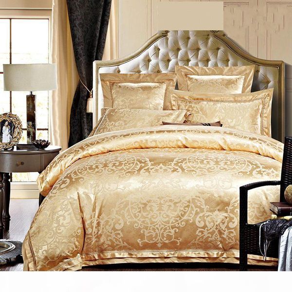 

golden satin duvet cover set  king size 4 6pcs jacquard bedding set royal bedclothes bed sheet pillowcases cotton