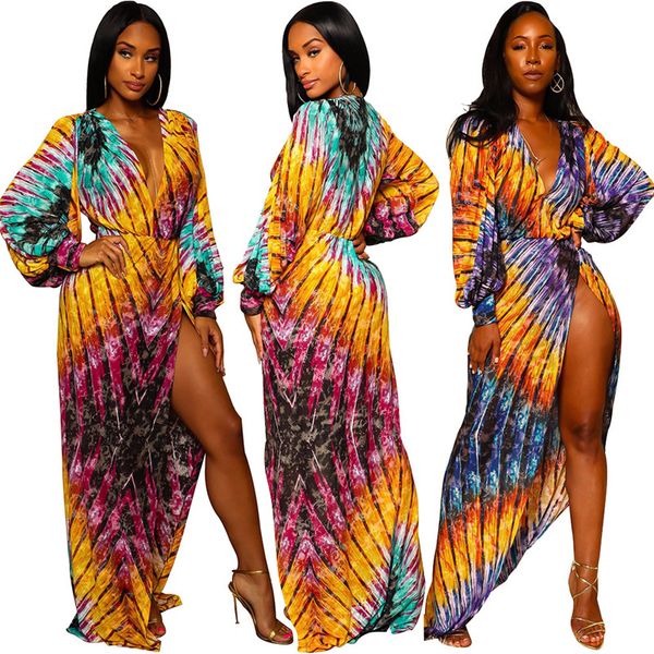 

fashion deep v-neck hit color print long skirt lantern sleeves dresses for women, White;black