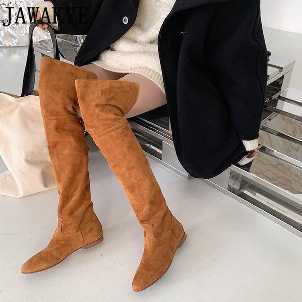 

boots real suede thigh high round toe flat heel bohemian brown leather tassel long for women retro holiday shoes, Black