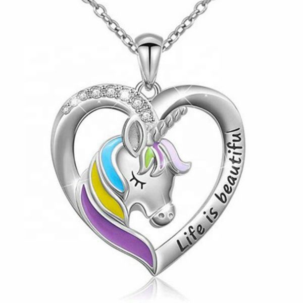 

enamel colorful women girl heart necklace fashion unicorn necklace, Silver