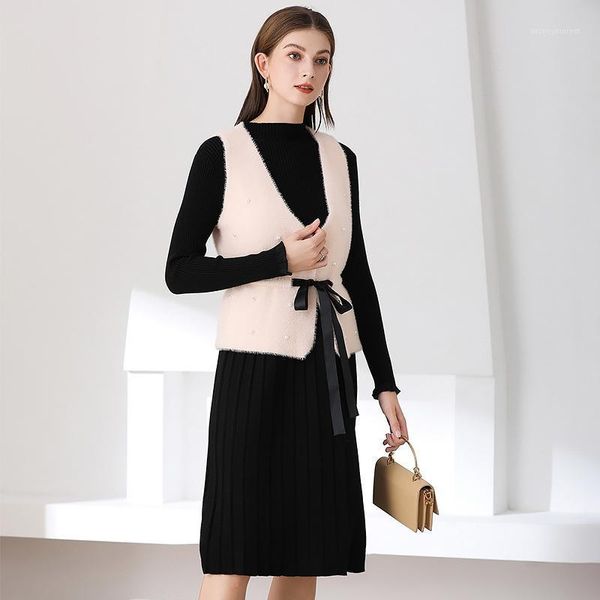 

knitted women clothing sets autumn winter midi long sweater dress + imitation mink vest cardigan two piece set woman outfits1, Gray