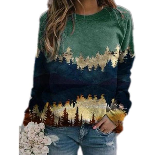 

autumn sweatshirts vintage long sleeve landscape mountain print crewneck casual sweatshirt women pullovers, Black