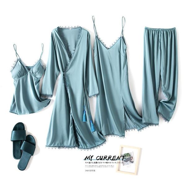 

women's sleepwear 2021 spring ice silk gown for four-piece robe dress pants shorts pajamas women pijamas set, Black;red