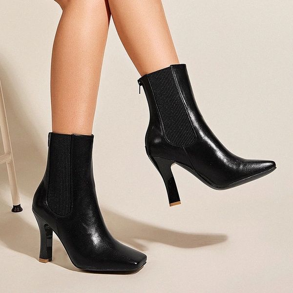 

lucyever autumn winter elastic square toe ankle boots for women back zipper high heels shoes woman black brown pu leather botas #hp9x