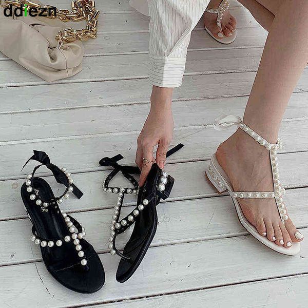 

sandels party pearl women pumps ankle strap flip flops sandals gladiator peep toe ladies heels female shoes summer slides 220303, Black