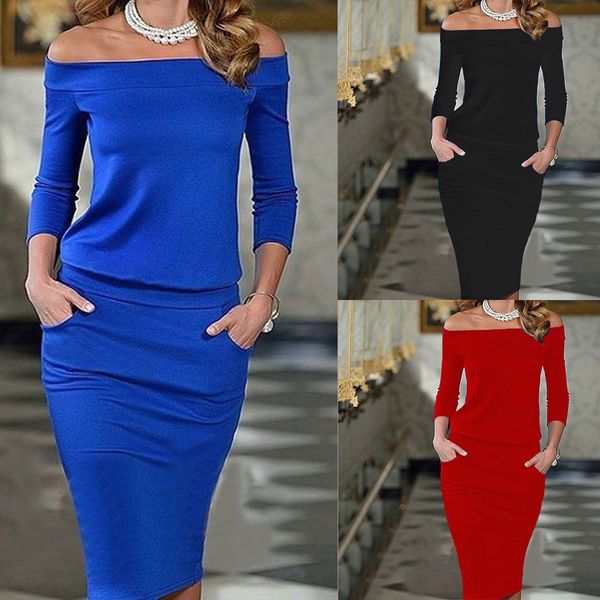 

summer beach women bandage pencil elegant ladies off shoulder long sleeve solid es vestidos verano jurken, Black;gray
