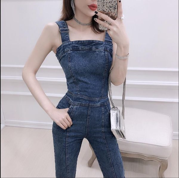 

2020 denim new thin spring female bib fashion wrapped in chest straps tightly overalls nine pants 0ktx, Blue
