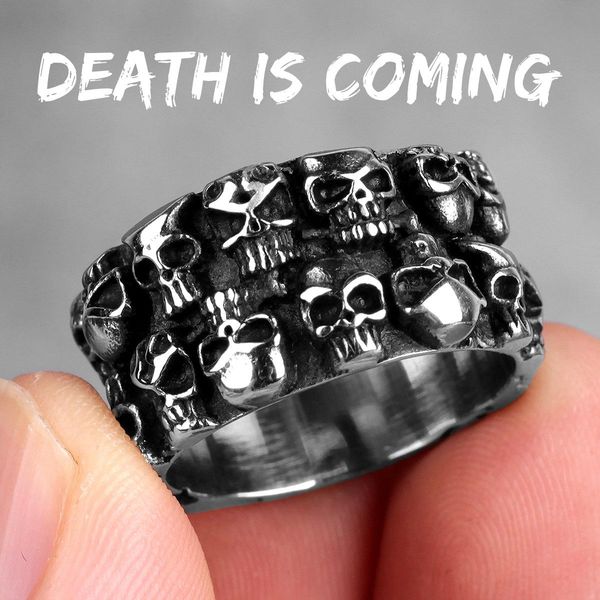 

stainless steel man men rings punk rock gothic hiphop domineering multiple skull carving for biker male boy fashion jewelry gift sqcson, Bronze;silver