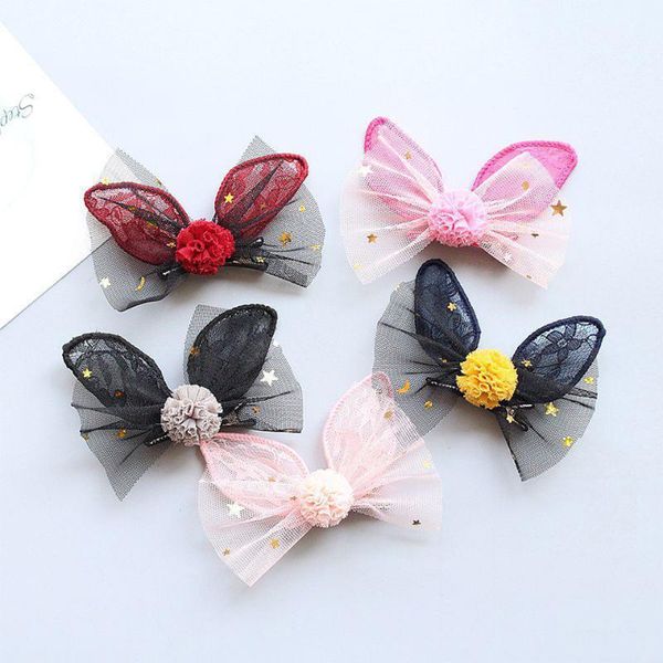 

girls' cute lace bow ear hair clip all lined alligator star lace ball pompom hairpin barrettes hc0931, Slivery;white