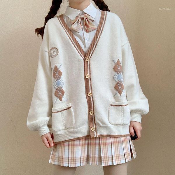 

2021 japanese style single breasted cardigans womens sweaters spring autumn v-neck long sleeve solid knitwear students sweaters1, White