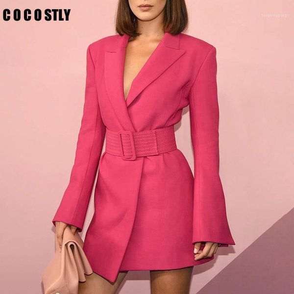 

korean flare sleeve long sleeve notched collar rose pink blazer with belt office lady suit for women coat 2020 autumn1, White;black