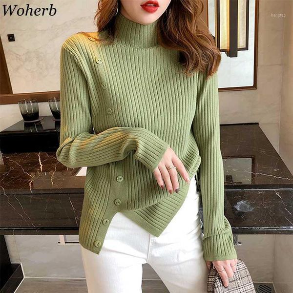 

woherb half turtleneck knit pullovers 2020 new sweater chic single breasted slim fit loose sueter jumper ladies weater1, White;black