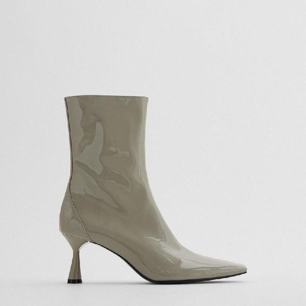 

women's shoes 2021 new green pointed toe patent leather women boots high heel fashion short boots single nude, Black