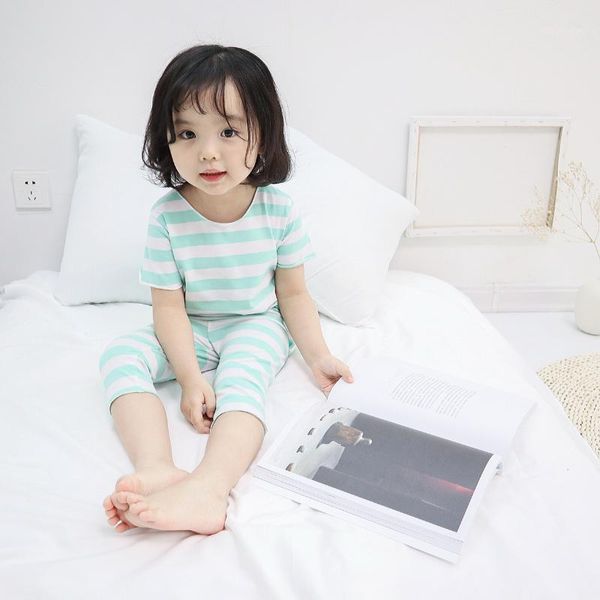 

2020 new korean version of the children's striped pajamas set two-piece children's pajamas girls seven-point sleeve summer suit1, White