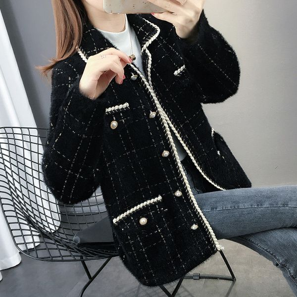 

2021 new autumn korean style vison velo little fragrance coat women fashion retro short temper chess for woman tddr, White;black