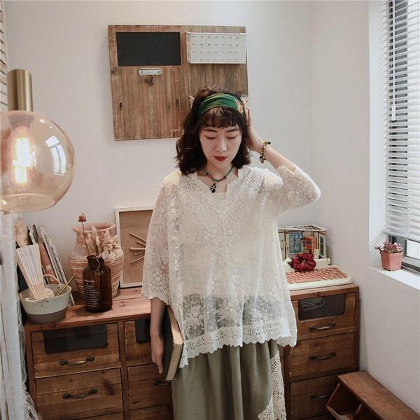 

2020 summer new v-neck wild casual exquisite lolita loose lace shirt women1, White