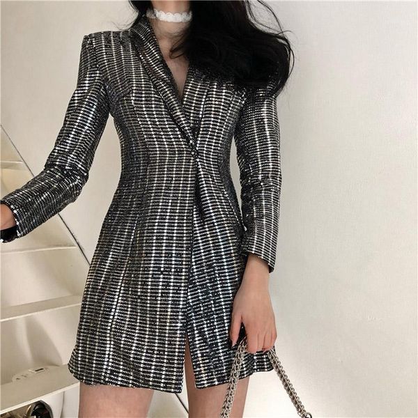 

spring new women bling sequined party long blazer dress elegant slim fit lapel collar work suit female jacket coats1, White;black