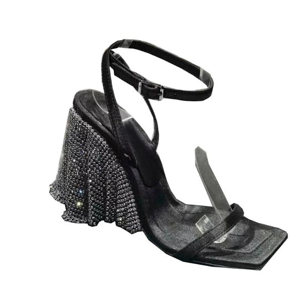 

sandals shiny crystal strappy stiletto silver rhinestone women buckle strap square open toe high heels shoes, Black
