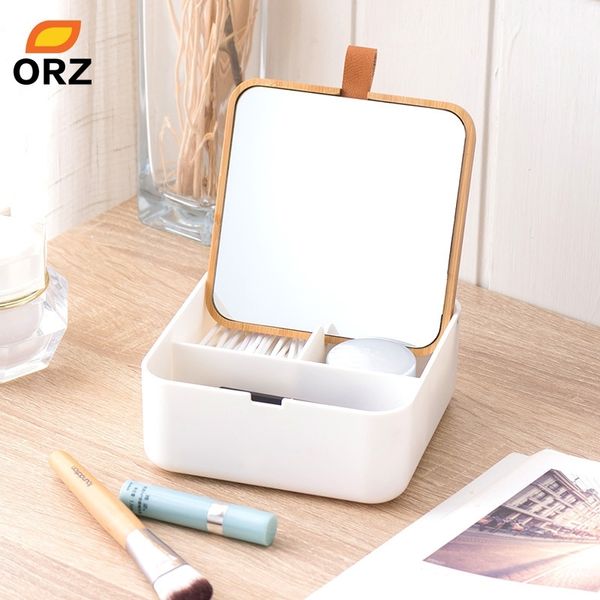 ORZ Makeup Organizer Scatola di plastica con specchio Custodia da viaggio per gioielli Accessori per cosmetici Contenitore per cassetti Bamboo Y200628