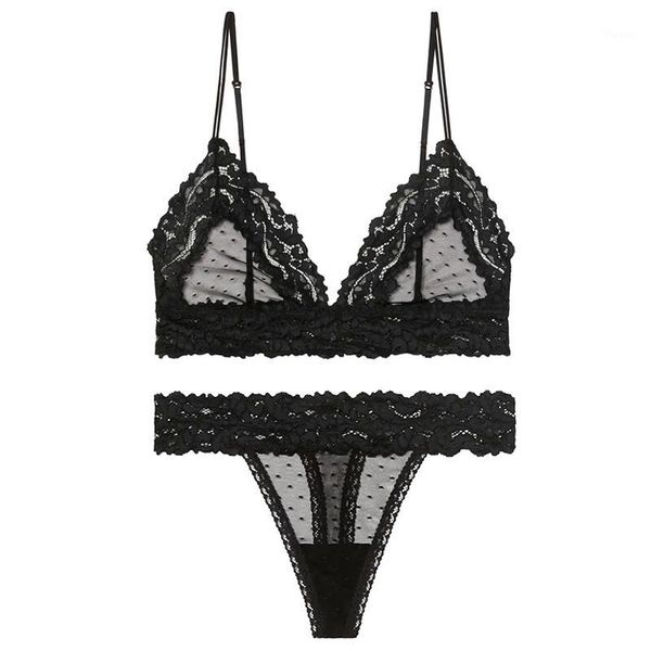 

new women lace mesh bra set push up brassiere+t back panties sets backless v neck femme lingerie set transparent dot bralet1, Red;black