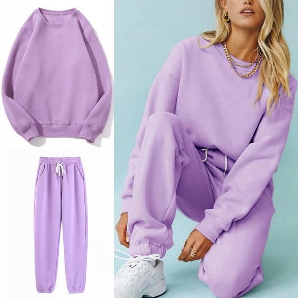 

women's tracksuits women solid color o-neck fleece sports suit winter casual loose pullover long pants two piece set female outfits, Gray