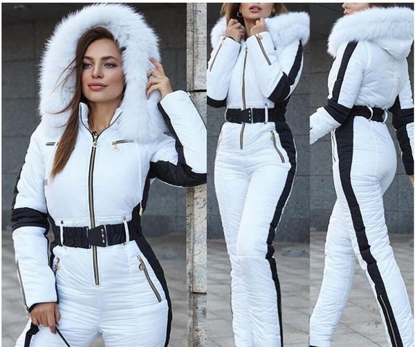 

fashion new winter women's hooded jumpsuits cotton padded warm sashes ski suit straight zipper one piece casual tracksuits, Tan;black