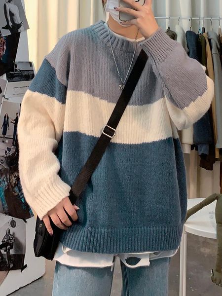 

2021 autumn winter new fashion men pullover sweater male korean style patchwork contrast color bottoming all-match sweater s92, White;black