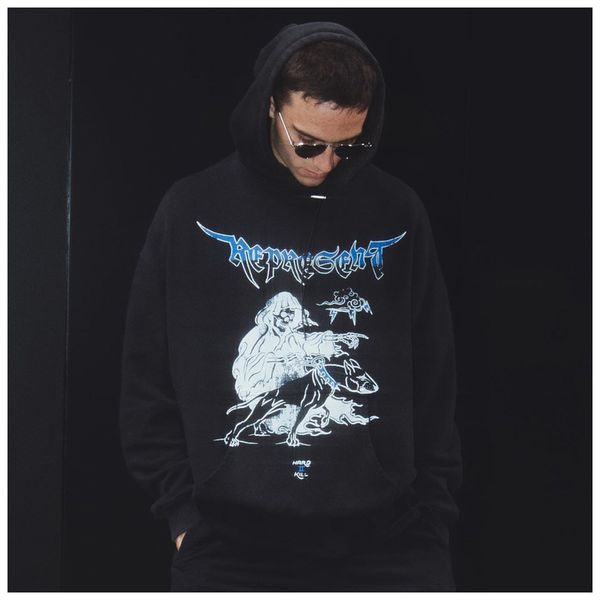 

2021 winter high new dark represent vintage men's printed street retro old pullover hoodie lovers g3tt, Black