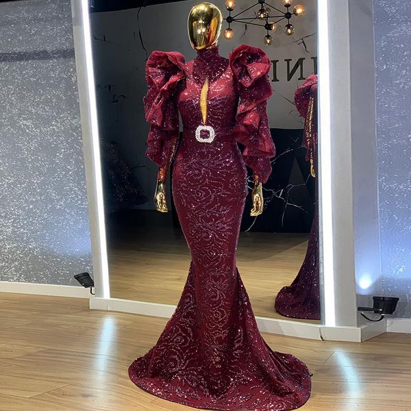 Burgundy Sparkly вечерние платья с длинными рукавами Арабский амос aso ebi выпускные платья стильные vestidos de la crangelidad