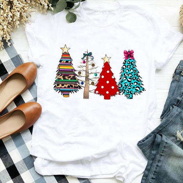 

women lady 90s color tree leopard new year autumn winter merry christmas tshirt female graphic clothes shirt t tee t shirt, White