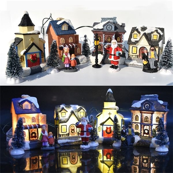 10pcs Set Resina Scena natalizia Villaggio Neve Case Città Led Ornamento per la casa Accessori Regalo di compleanno per le ragazze 201130